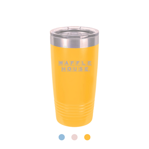 Yellow stainless-steel tumbler with Waffle House logo in etched silver.