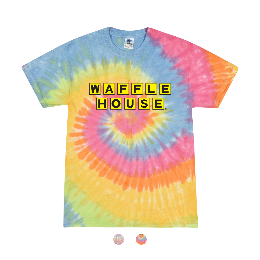 Bright colored tie dye t-shirt with Waffle House logo on front