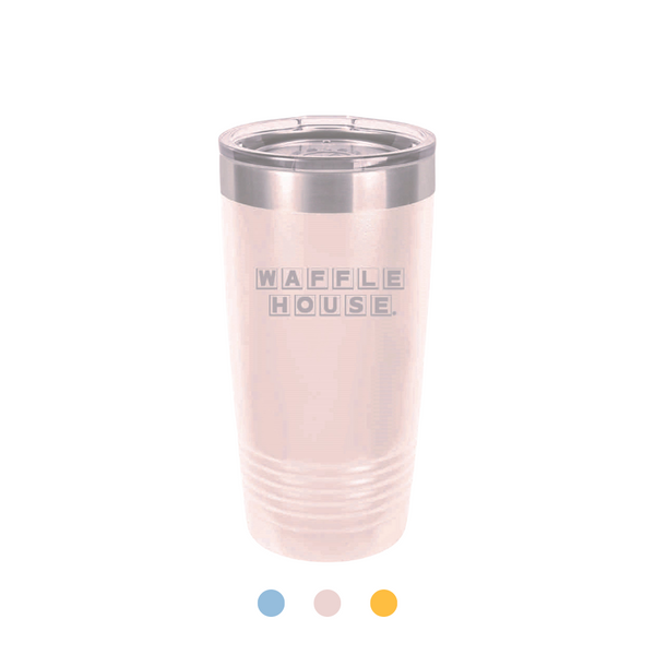 light pink stainless steel tumbler cup with Waffle House logo etched in silver