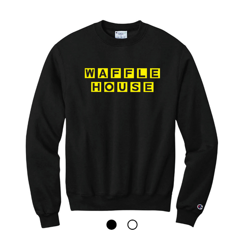 black crewneck sweatshirt with the Yellow Waffle House logo