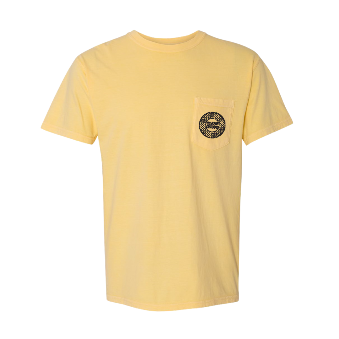 Light yellow t-shirt with retro Waffle House waffle logo on pocket of front and back view of retro logo Waffle House waffle logo and Good Food Fast printed beneath