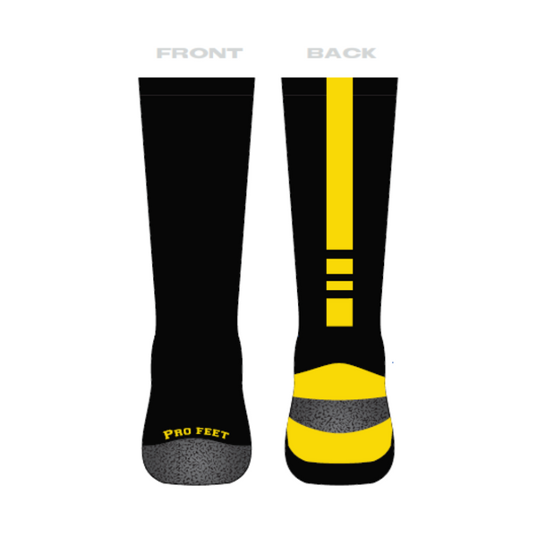 Side, front and back view of black sport sock with yellow trim and Waffle House logo.