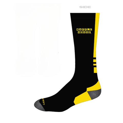 Side, front and back view of black sport sock with yellow trim and Waffle House logo.