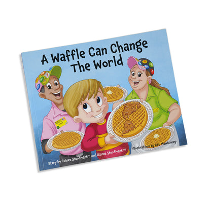 Illustrated back cover of A Waffle Can Change the World book showing several people enjoying Waffle House.