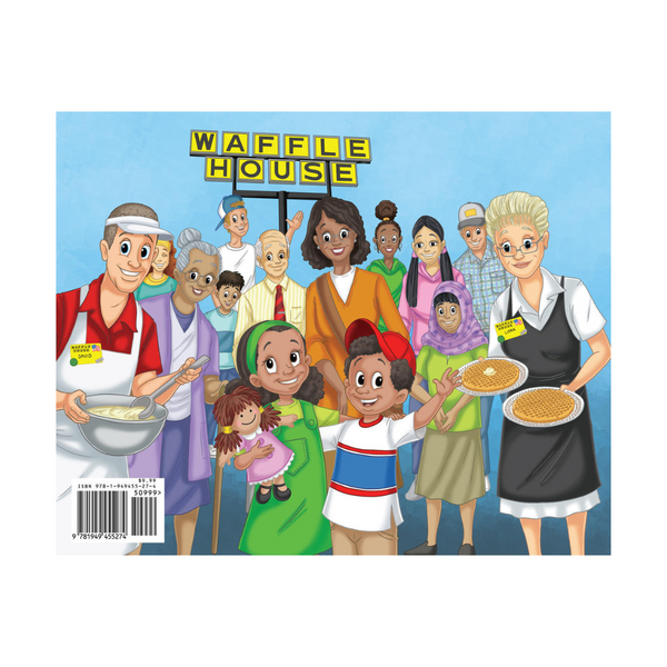 Illustrated back cover of A Waffle Can Change the World book showing several people enjoying Waffle House.