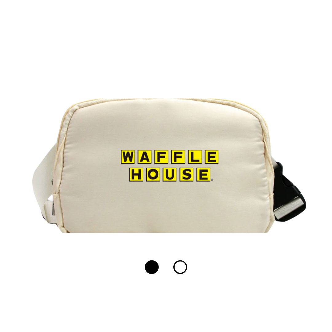 Off white color cross body pack with zipper and buckle with yellow and black Waffle House logo