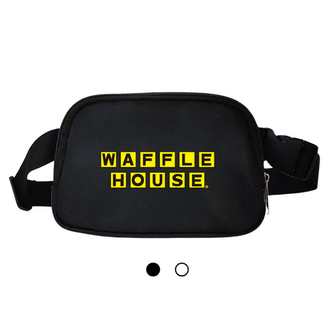 Black color cross body pack with zipper and buckle with yellow and black Waffle House logo