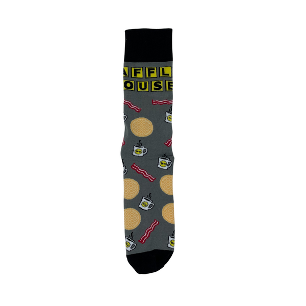 Front view of one gray sock with black trim and images of waffles, bacon and coffee and the Waffle House logo.