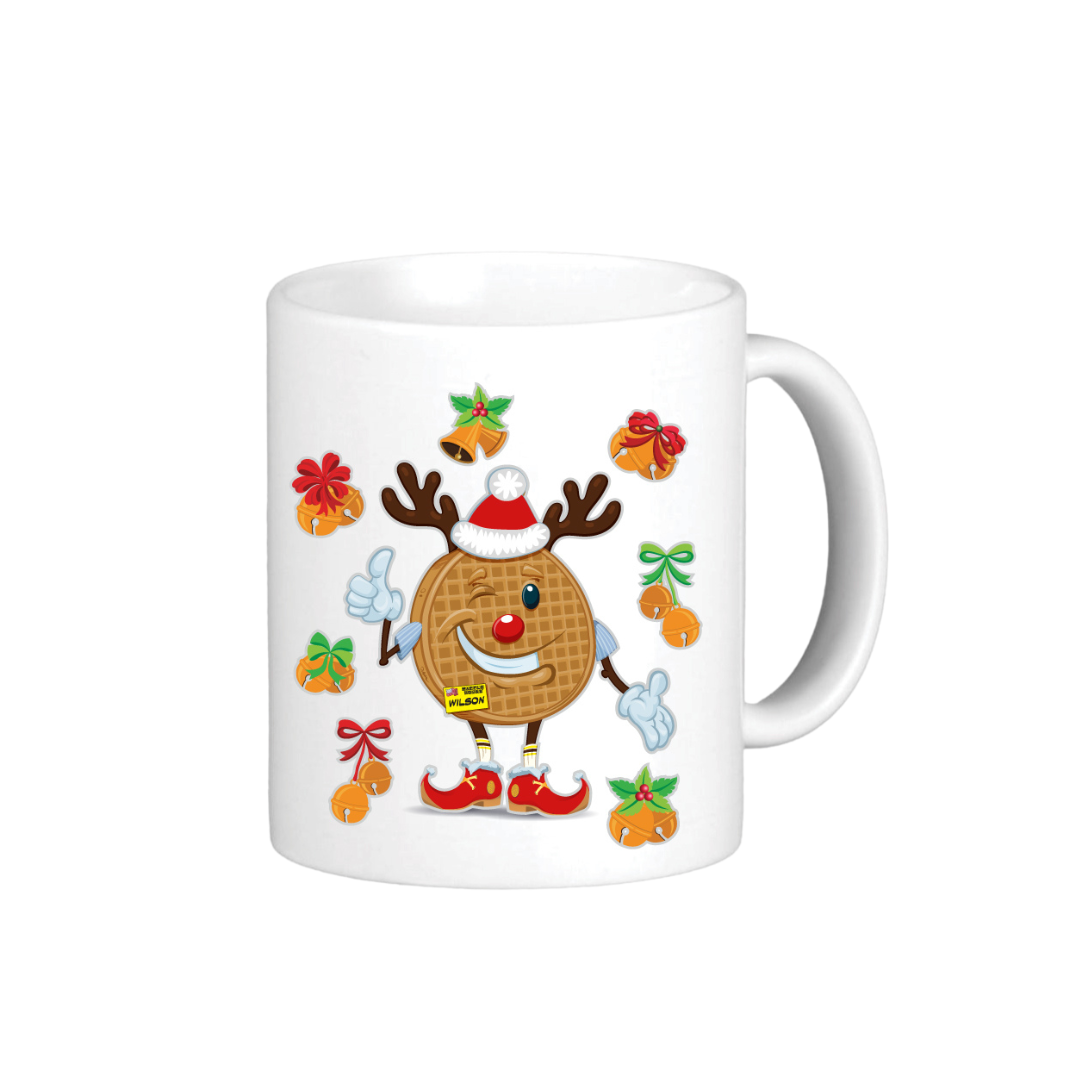 front view of ceramic coffee mug with waffle character surrounded by holiday bells, back view of mug with yellow and black Waffle House logo and happy holidays text surrounded by holiday bells Edit alt text