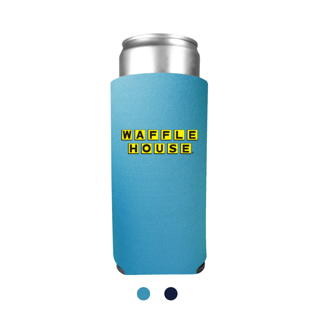 Light blue koozie over a silver can with a yellow waffle house logo
