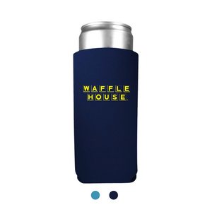 Navy blue koozie over a silver can with a yellow waffle house logo