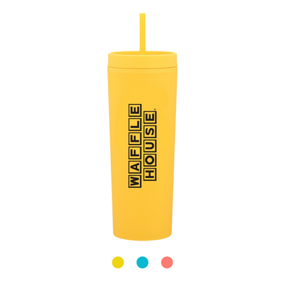 Bright Yellow tumbler with yellow lid and straw and black Waffle House logo