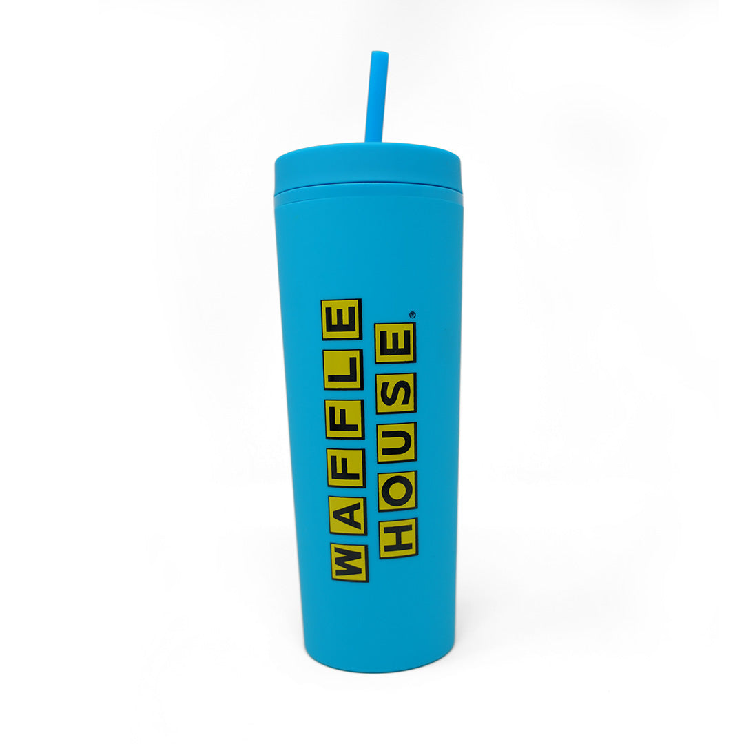 blue tumbler with straw and black Waffle House logo 