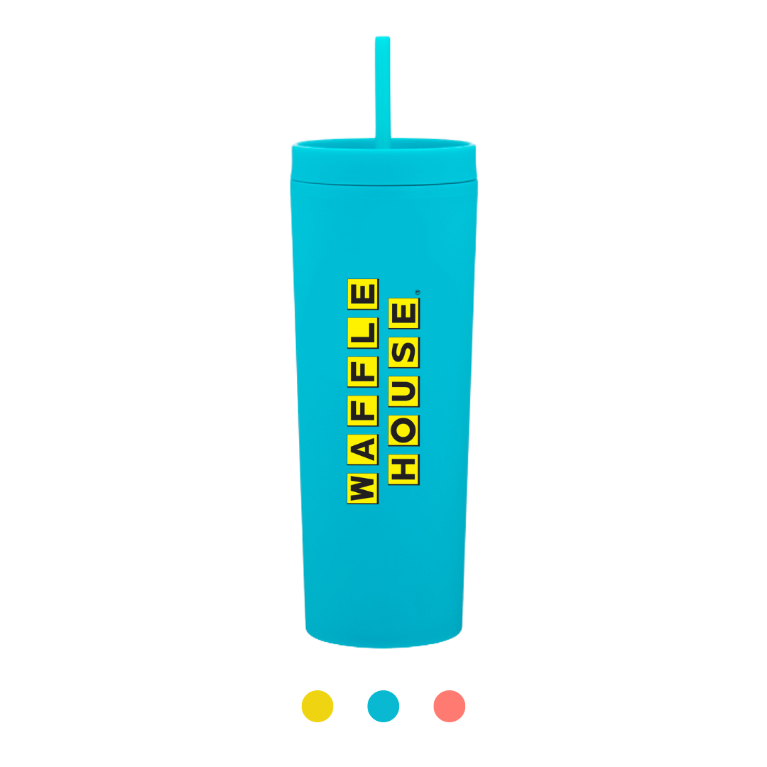 Bright blue tumbler with blue lid and straw and black and yellow Waffle House logo