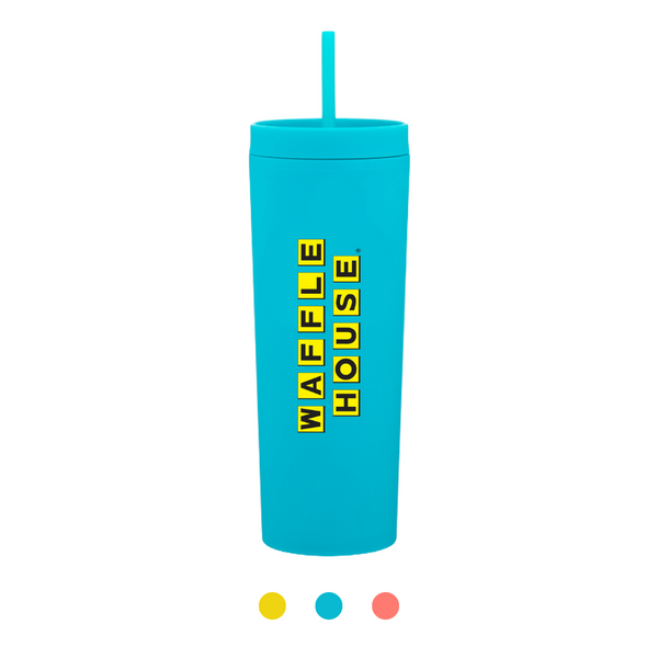 Bright blue tumbler with blue lid and straw and black and yellow Waffle House logo