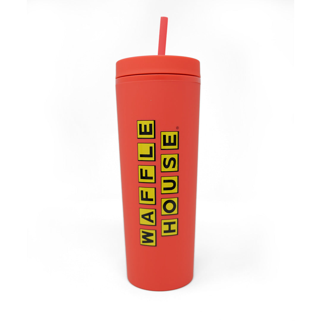 melon colored tumbler with straw and black Waffle House logo 