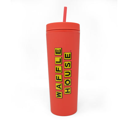 melon colored tumbler with straw and black Waffle House logo 