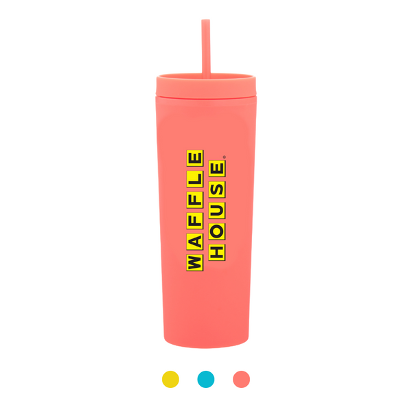 Bright pink tumbler with pink lid and straw and black and yellow Waffle House logo