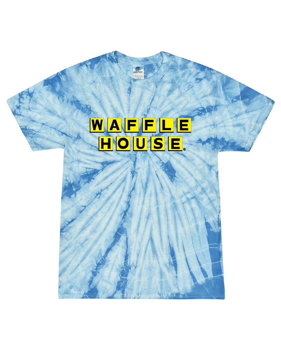 Blue colored tie dye t-shirt with Waffle House logo on front