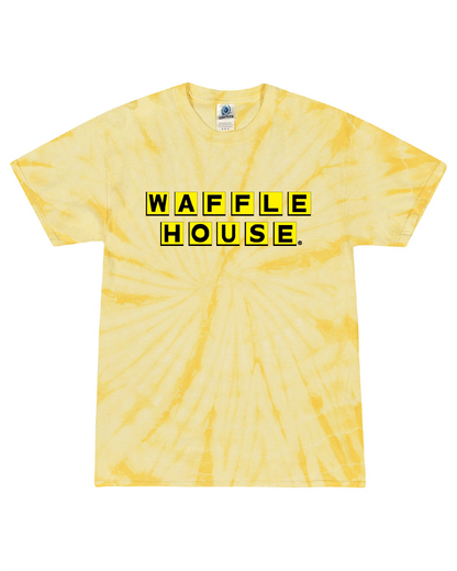 Dandelion colored tie dye t-shirt with Waffle House logo on front