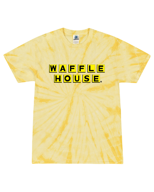 Dandelion colored tie dye t-shirt with Waffle House logo on front