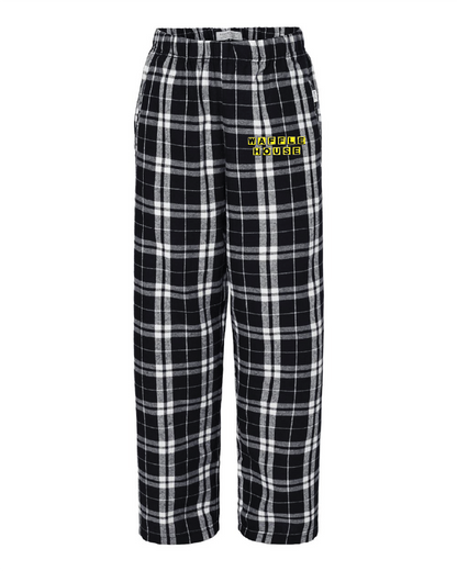 Black and white plaid pants with 'Waffle House' logo