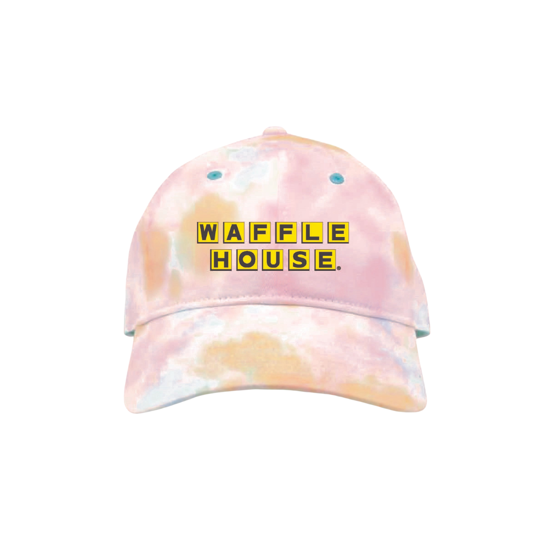 Pastel colored tie-dye twill hat with Waffle House logo on front