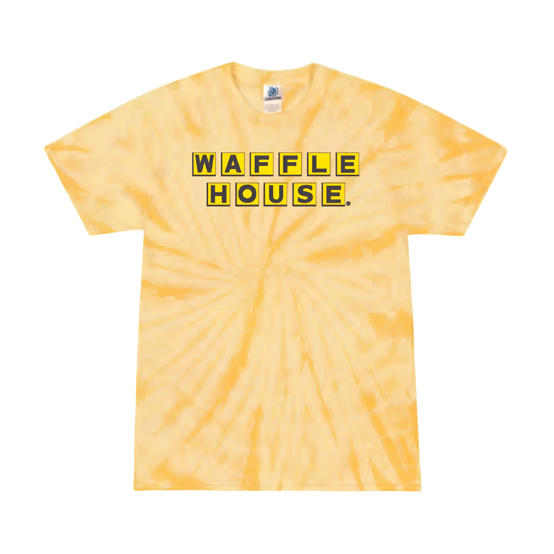 yellow tie dye shirt with Waffle House logo in yellow and black on chest