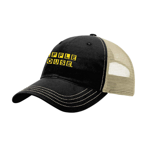 Black trucker cap with yellow and black Waffle House logo and white mesh back.