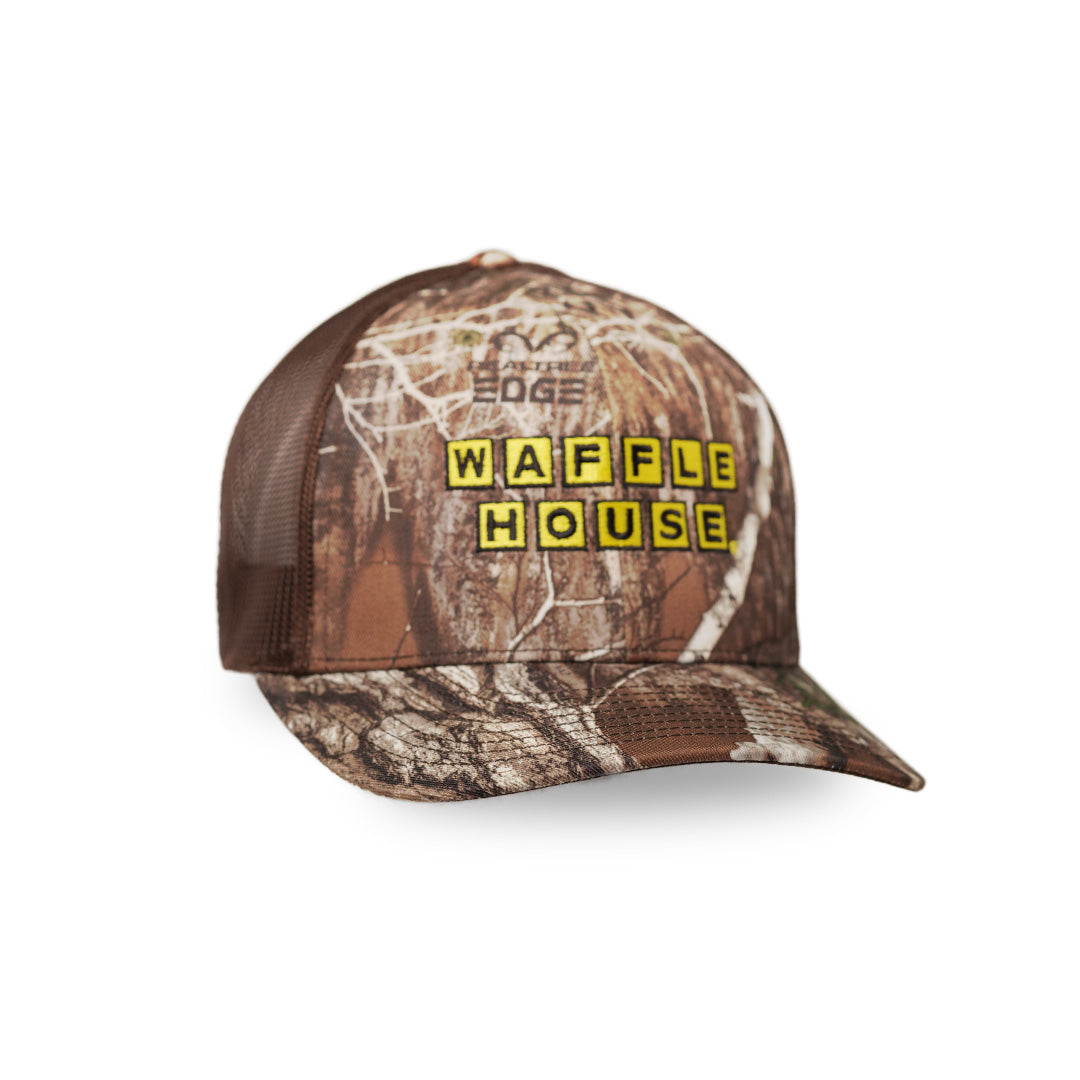 Camo trucker hat with a brown mesh back and the Yellow and black Waffle House logo on the front.