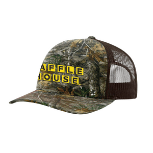 Camo trucker hat with a brown mesh back and the Yellow and black Waffle House logo on the front.