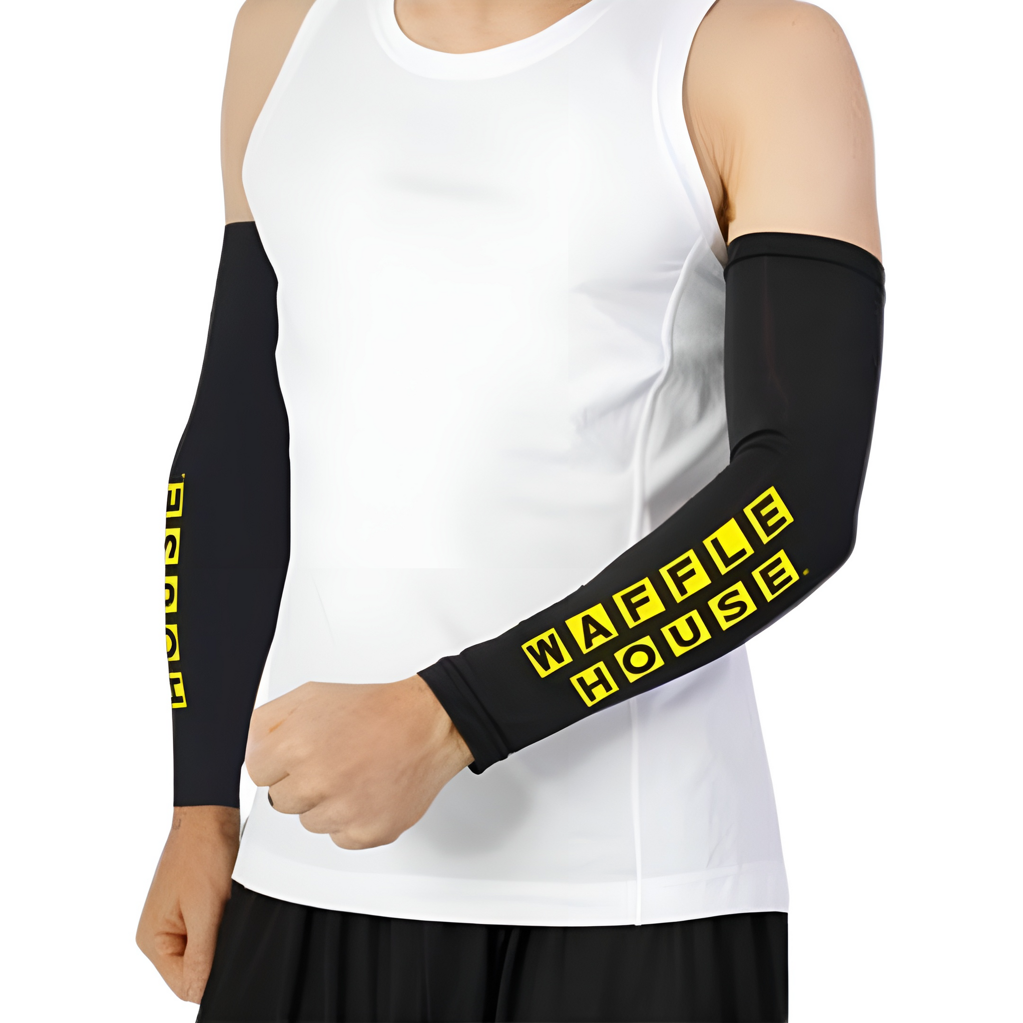 Male model in a white tank top with black sports sleeves with the Waffle House logo.