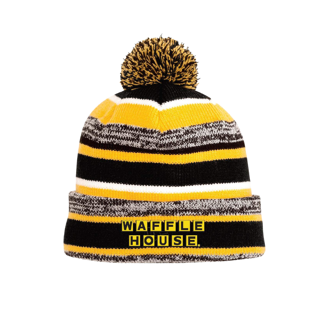 black, yellow and grey striped beanie with pom on top and Waffle House logo on cuff