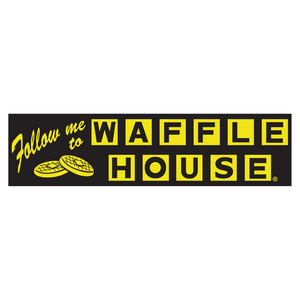 Black magnet with Follow me to Waffle House printed in yellow with two waffles.
