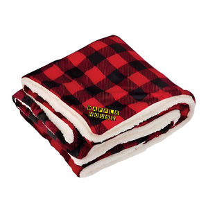 Black and Red buffalo plaid blanket with a white Sherpa backing and the Waffle House logo on the corner.