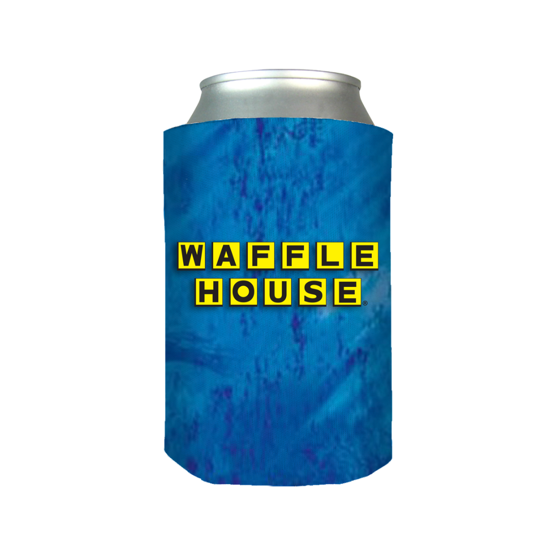Bright blue camo style koozie with yellow and black Waffle House logo.