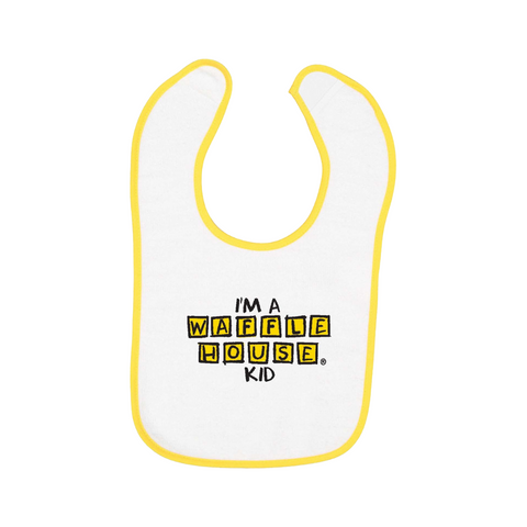 White bib with yellow trim with "I'm a Waffle House Kid" printed on it in black and yellow