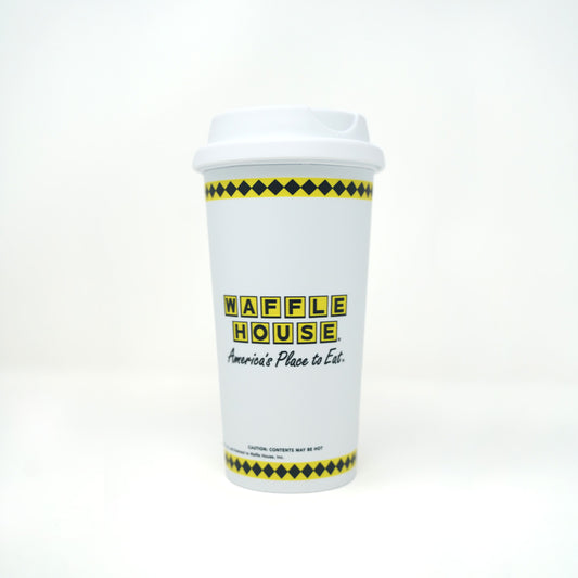 White Waffle House tumbler with Waffle House logo printed with America's Place to Eat printed beneath