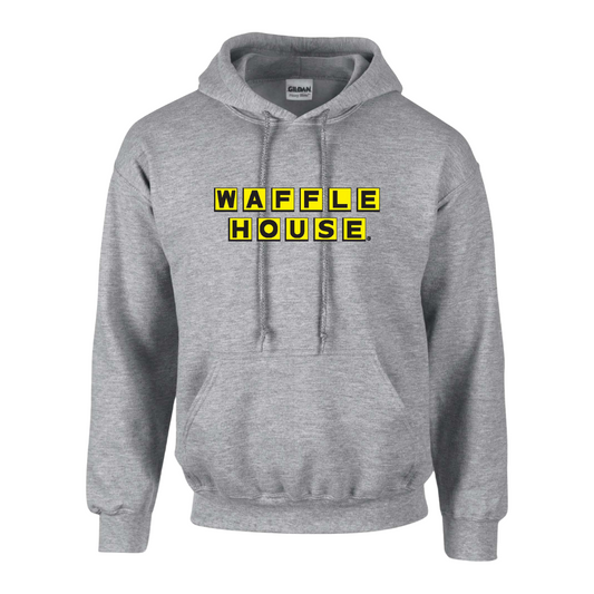 Grey Hoodie with yellow and black waffle house logo across the front