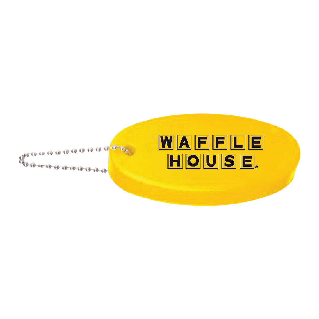 Yellow floating foam stress reliever key chain with black Waffle House logo.