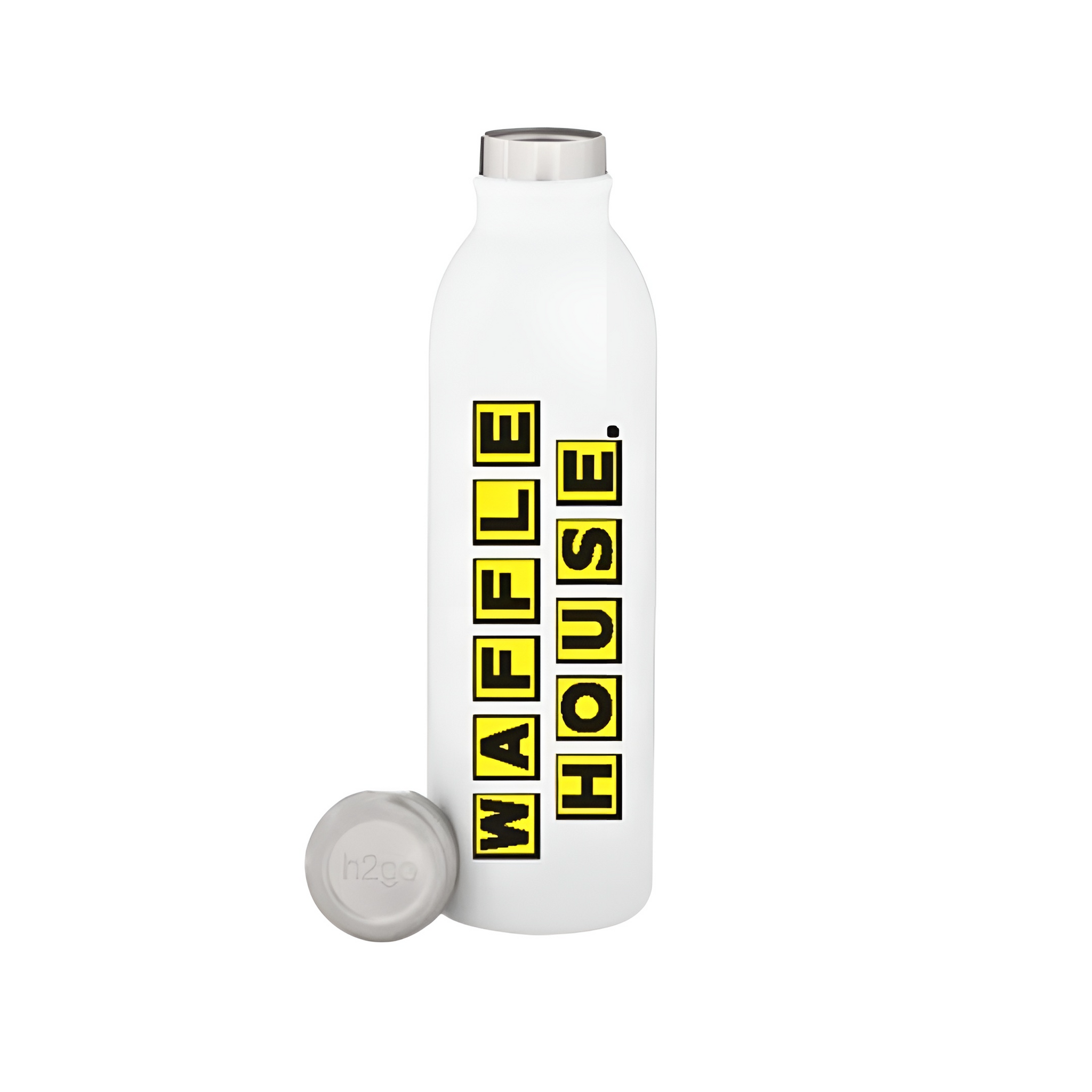 White stainless steel water bottle with yellow and black Waffle House logo