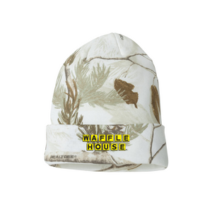 white camouflage beanie with yellow and black Waffle House logo