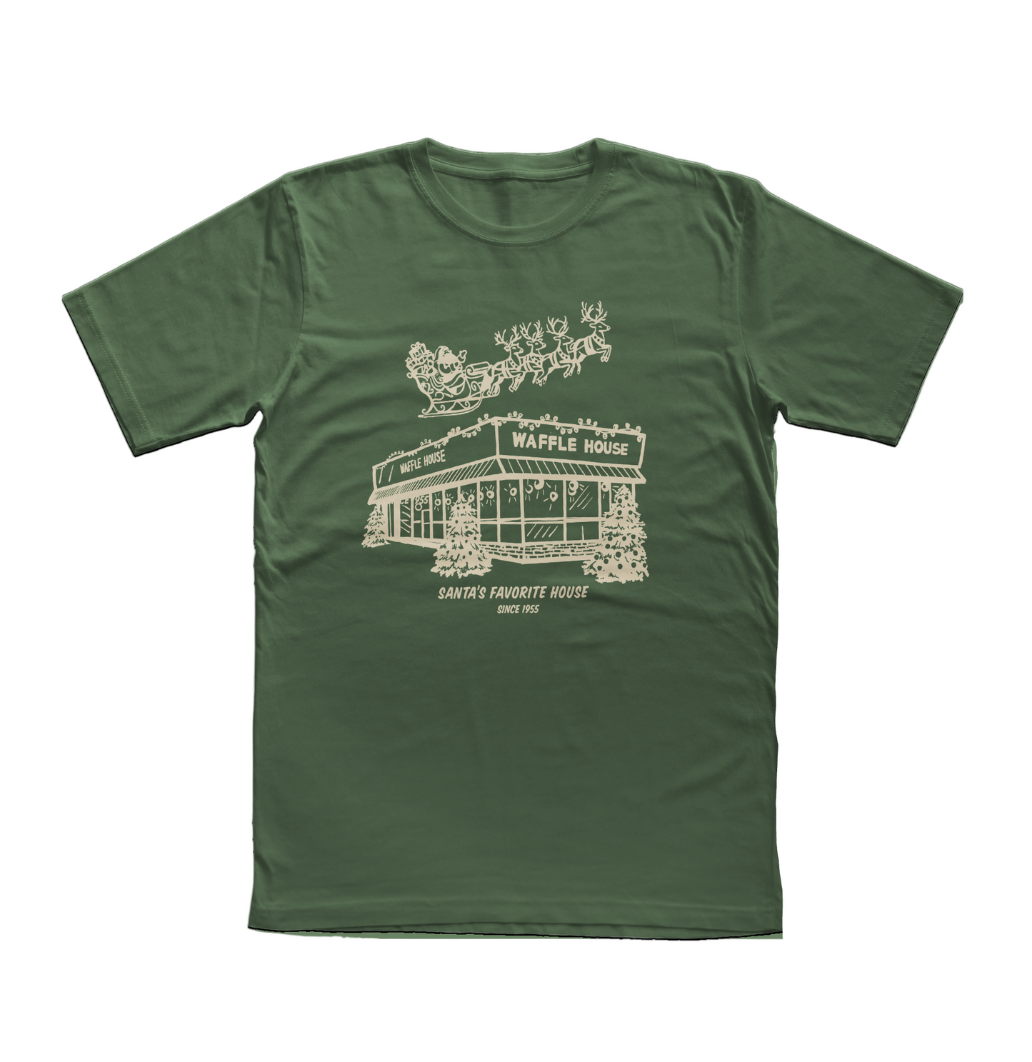Green t-shirt featuring a cream-colored drawing of Santa and his reindeer flying over a snowy Waffle House with the words “Santa’s Favorite House Since 1955.