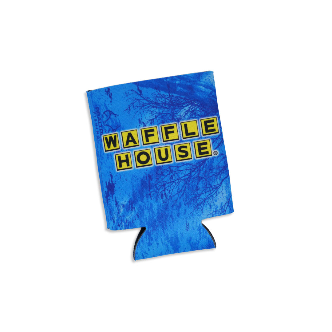 Bright blue camo style koozie with yellow and black Waffle House logo laying flat