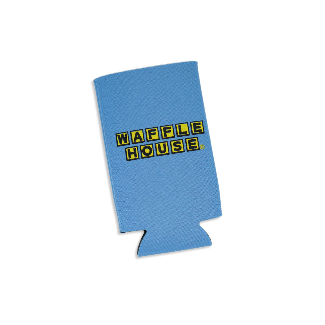 Light blue can cooler laying flat on a white background with a yellow waffle house logo