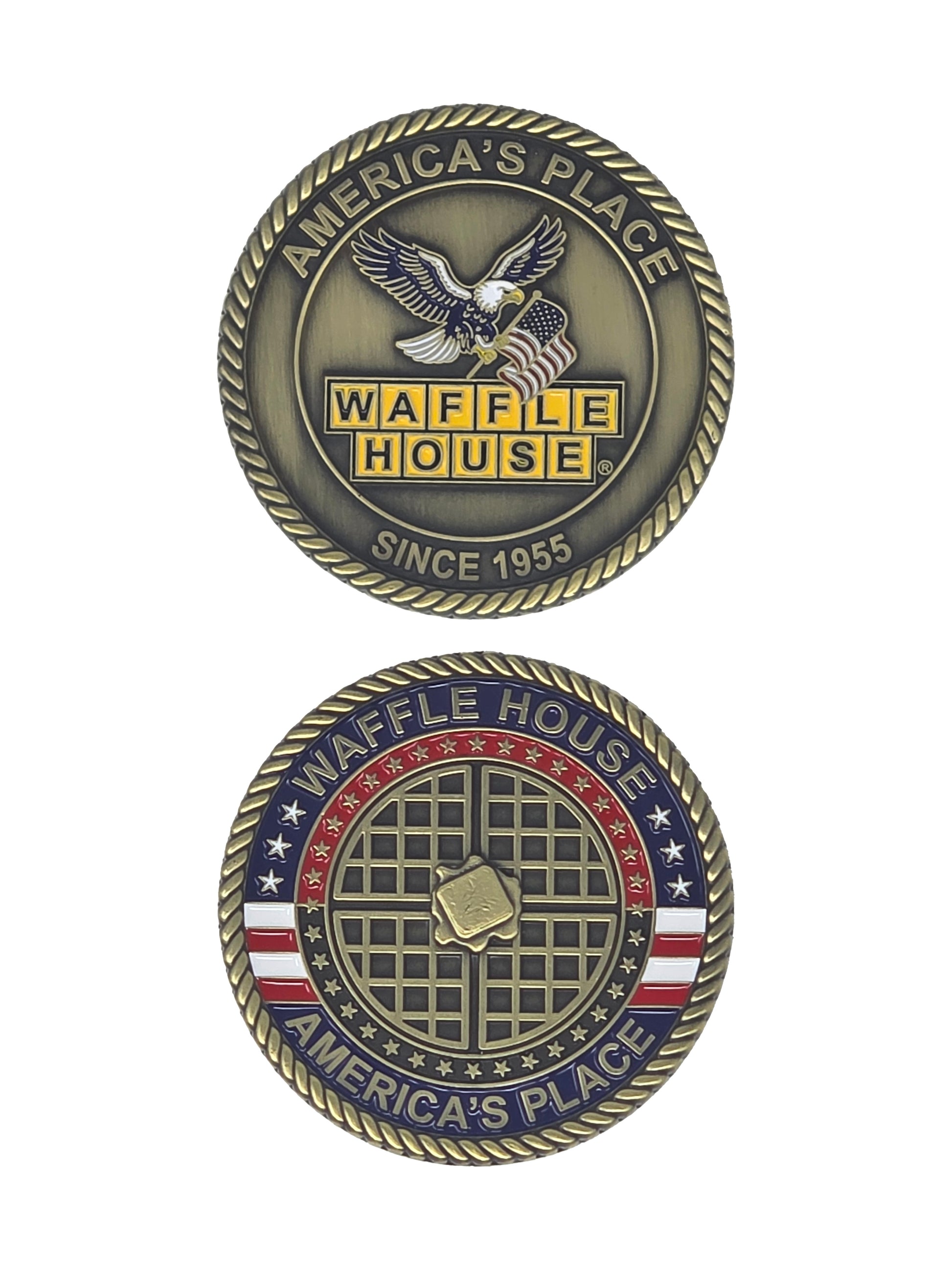 Two sided commemorative coins for Waffle House, featuring an eagle and waffle design