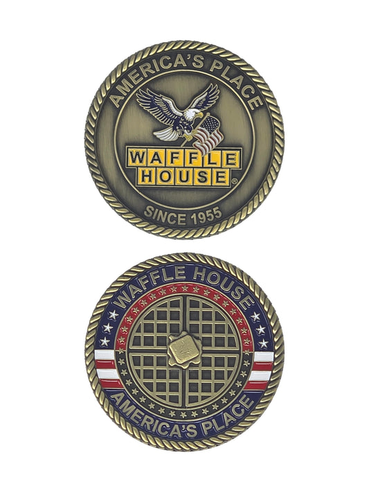 Two sided commemorative coins for Waffle House, featuring an eagle and waffle design