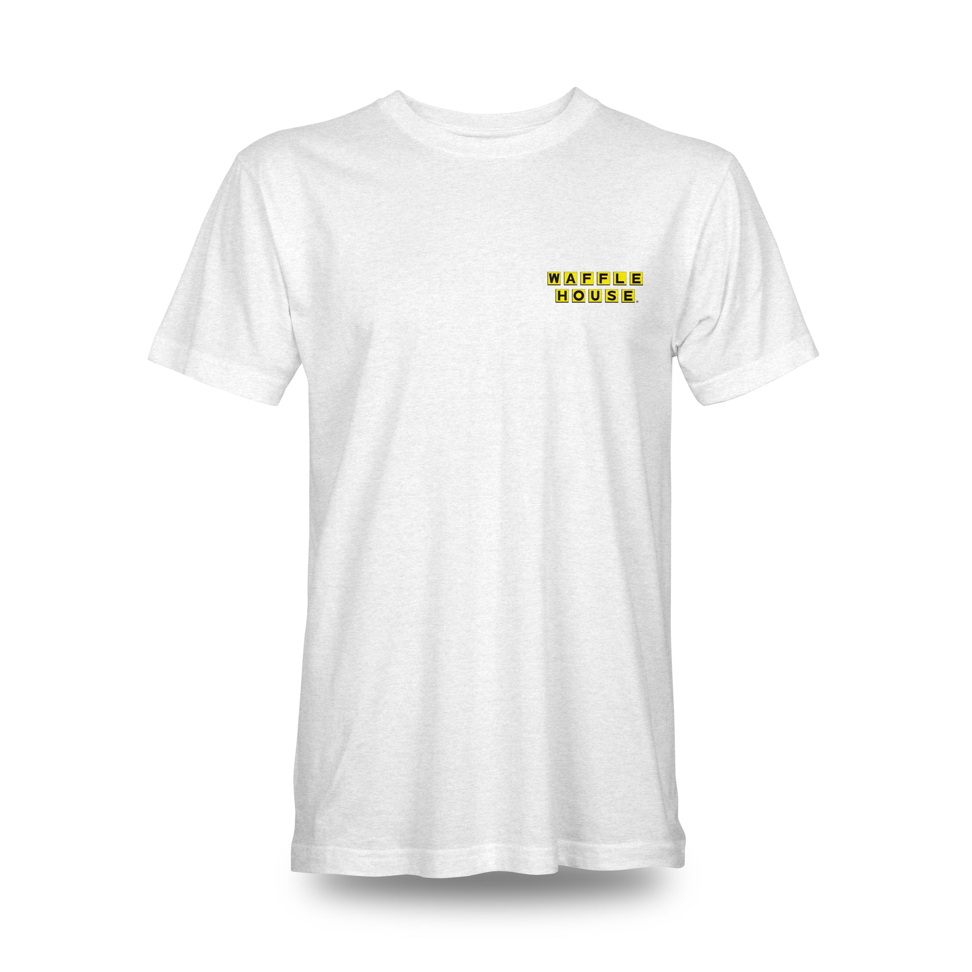 view of front of white tshirt with Waffle House logo on the left chest