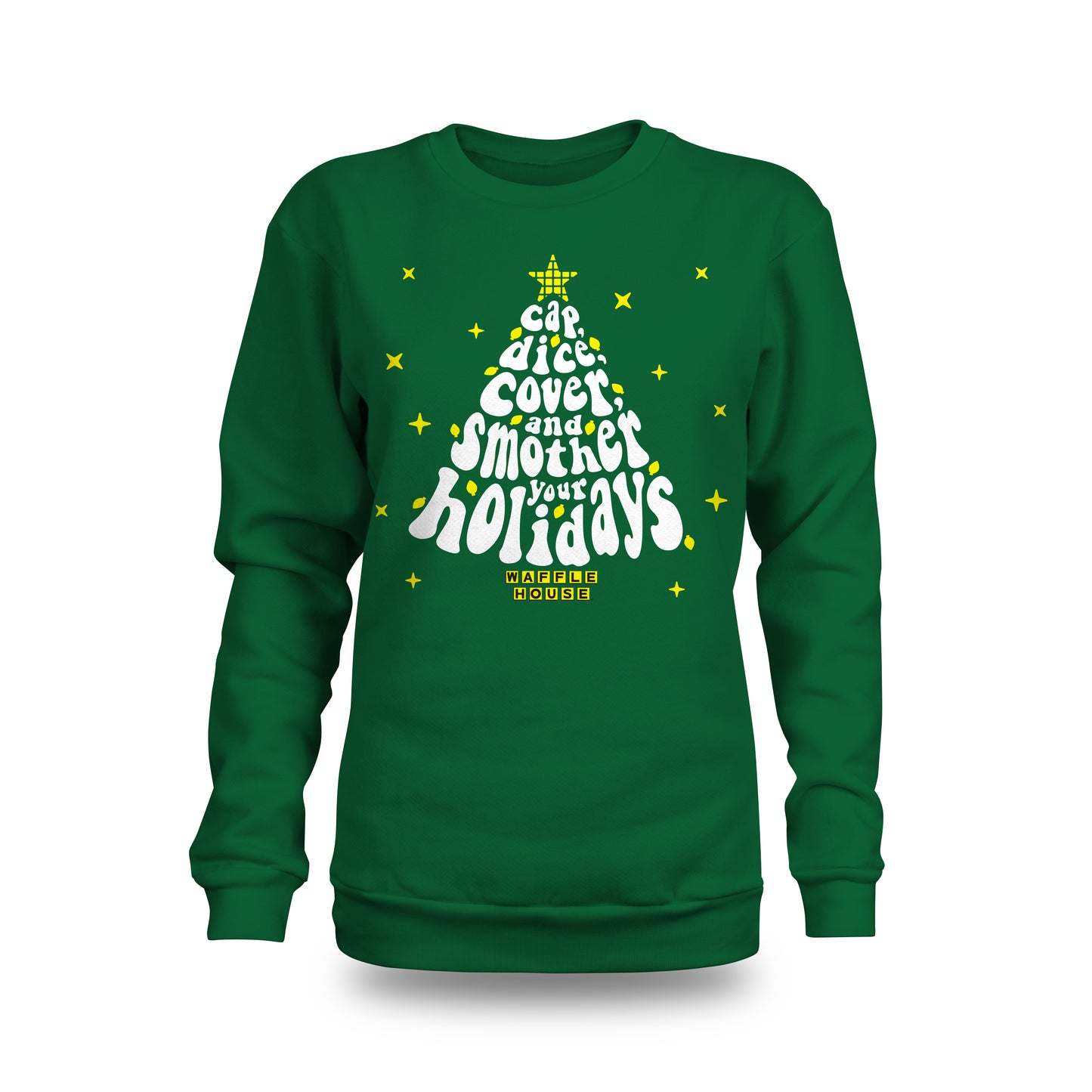 green crew neck sweatshirt with holiday design in Christmas tree form