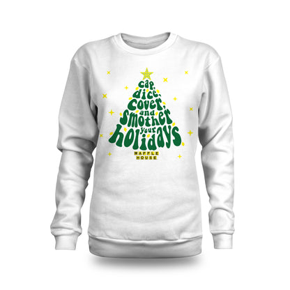 White crew neck sweatshirt with holiday design in Christmas tree form